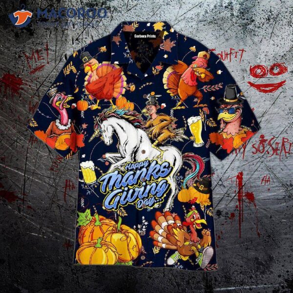 Octoberfest Thanksgiving Turkey Riding Unicorn Love Beer Blue And Colorful Hawaiian Shirts