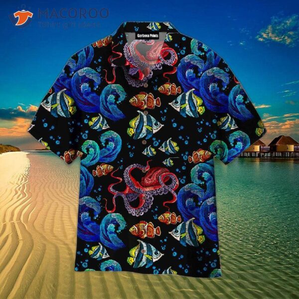 Octopus Sea Wave Tropical Fish Black And Blue Hawaiian Shirts