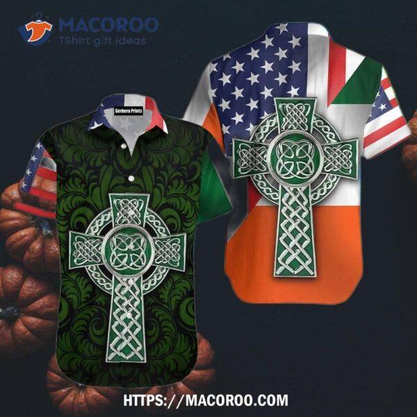 Oktoberfest American Irish Flag With Celtic Cross St Patrick Day Skull Beer Hawaiian Shirts, Halloween Gift Ideas For Adults