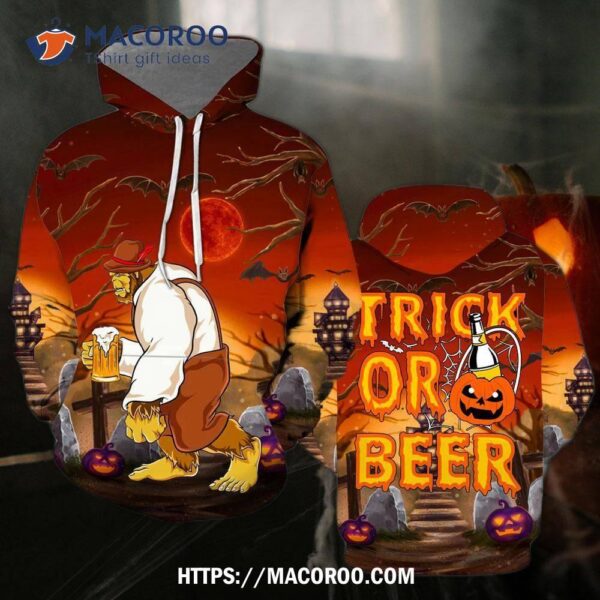 Oktoberfest Bigfoot Trick Or Beer Halloween All Over Print 3D Hoodie, Halloween Gift Ideas