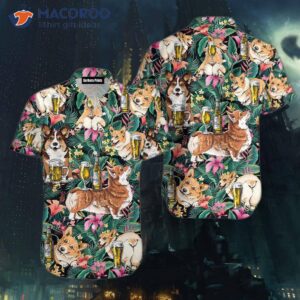 Oktoberfest Corgi Dogs Drinking Beer In Floral Pattern Hawaiian Shirts