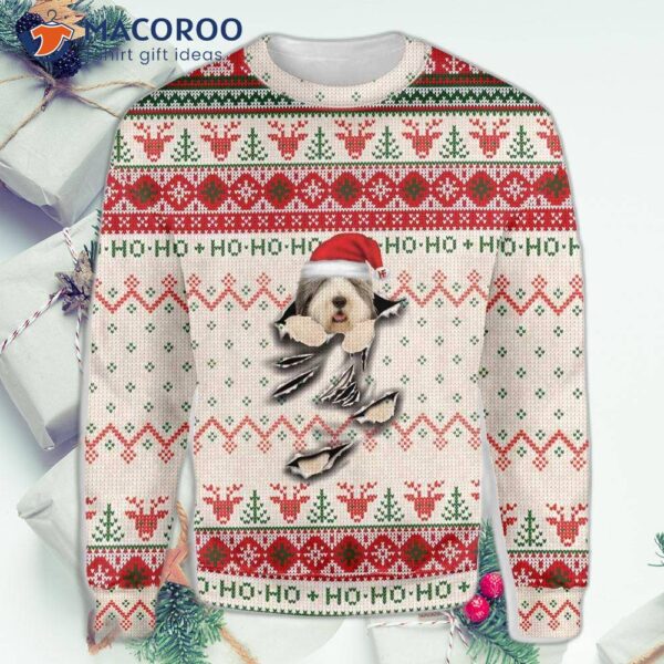 Old English Sheepdog Scratched Ugly Christmas Sweater