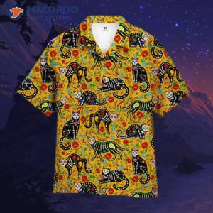 On Dia De Los Muertos, People Often Wear Hawaiian Shirts Adorned With Calavera Sugar Skulls And Black Cats In Mexican Style.