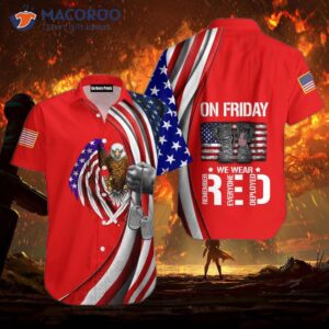 on friday we wear a red eagle adorned american flag hawaiian shirt 0