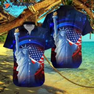 On The Fourth Of July, Independence Day, Statue Liberty Is Celebrated With Patriotic Hawaiian Shirts In Blue And Red.