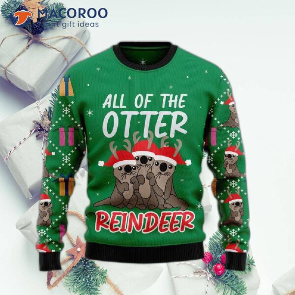 Otter And Reindeer Face Ugly Christmas Sweater