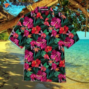 palm tree island hawaiian shirts with a pink flower pattern 0