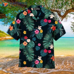 palm tree tropical pattern black hawaiian shirt 1