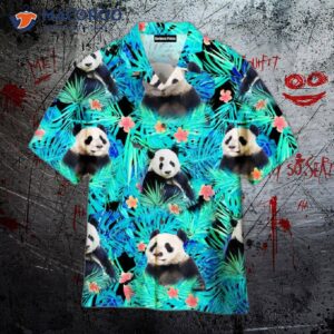 panda tropical blue leaf hawaiian shirts 0