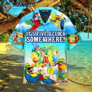 Parrot, It’s Five O’clock Somewhere; Tropical Margarita Cocktail Drink And Hawaiian Shirts.