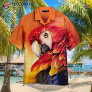 Parrot Tropical Birds Wearing Orange Hawaiian Shirts.