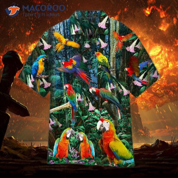 Parrots, Tropical Blue, Orange, And Yellow Hawaiian Shirts