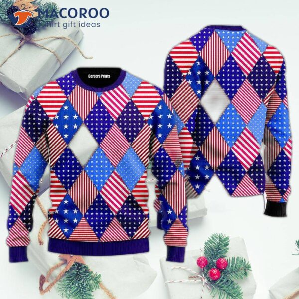 Patchwork American Flag Pattern Ugly Christmas Sweater