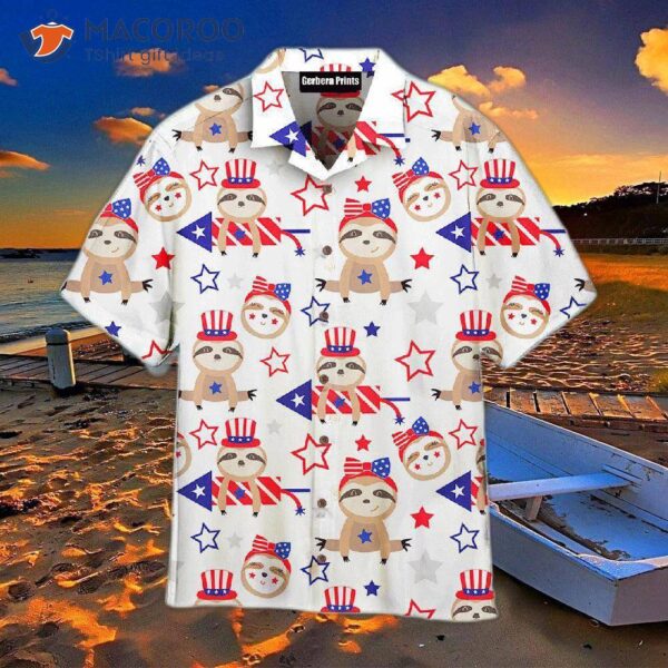 Patriotic Sloth Bear’s Fourth Of July White Hawaiian Shirts