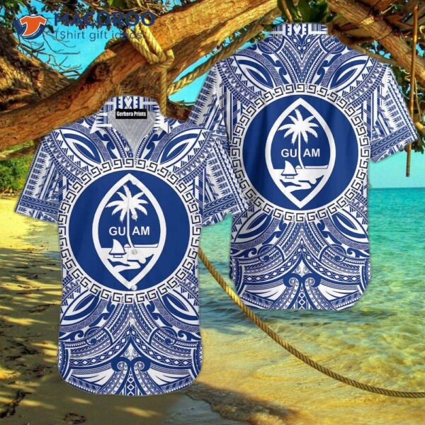Patterned Guam Polynesian Tattoo White And Blue Hawaiian Shirts