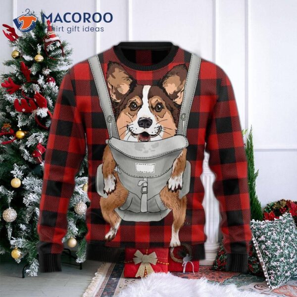 Pembroke Welsh Corgi Front Carrier With An Ugly Christmas Sweater