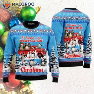 Penguin Riding A Red Truck Ugly Christmas Sweater Merry Christmas!