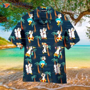 Penguins On Summer Vacation With Coconut Palm Tree Patterned Hawaiian Shirts
