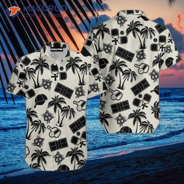 Pickleball Palm Tree Pattern Black And White Hawaiian Shirts