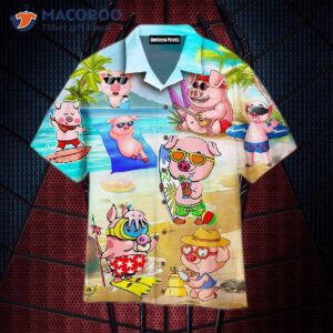 Pigs Enjoy The Summertime On Beach In Hawaiian Shirts.