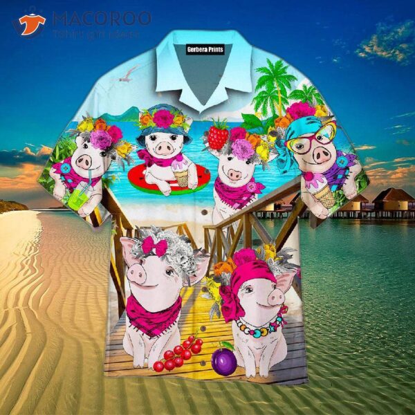 Pigs Wearing Colorful Hawaiian Shirts On The Beach