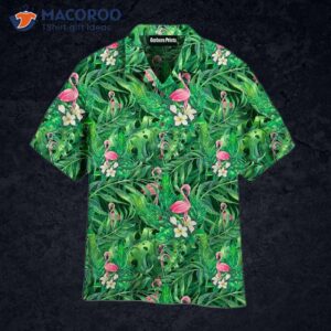 Pink Flamingo, Palm Leaf Pattern, Green Hawaiian Shirts