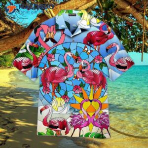 pink flamingo stained glass hawaiian shirts 0
