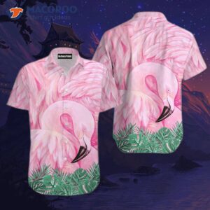 pink flamingo tropical palm leaf hawaiian shirts 0 1