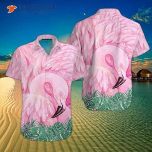 pink flamingo tropical palm leaf hawaiian shirts 1 1