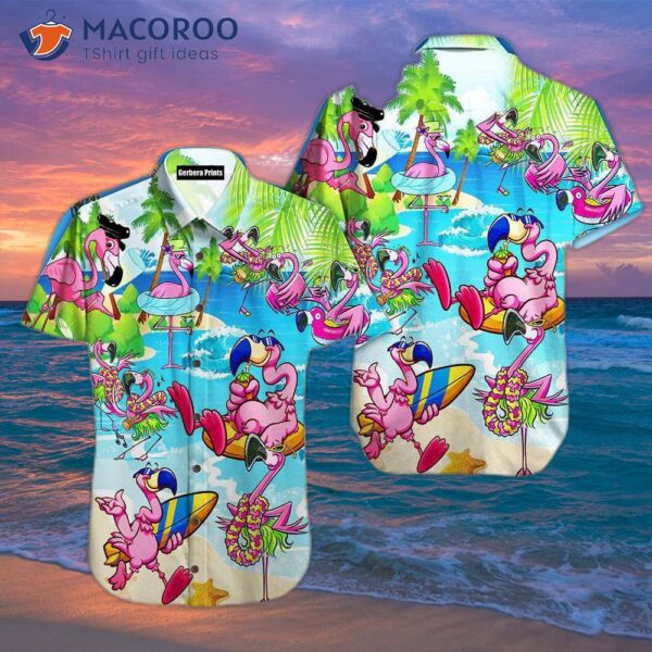 Pink Flamingos On A Beach In Summer Hawaiian Shirts