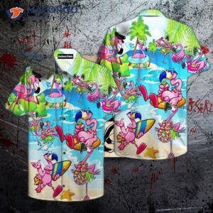 pink flamingos on a beach in summer hawaiian shirts 1