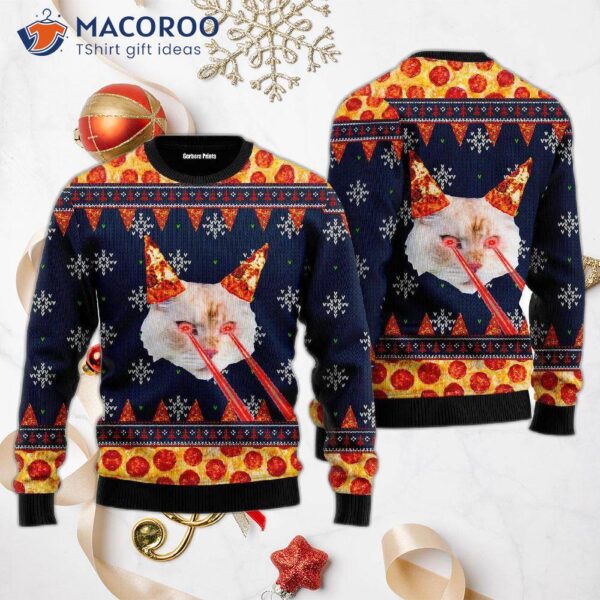 Pizza Cat With Laser Eyes Ugly Christmas Sweater