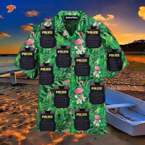 Police Armor Pink Flamingo Palm Leaves Pattern Green Hawaiian Shirts