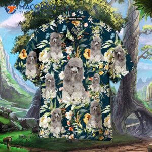 Portrait Of A Gray Poodle On Floral Hawaiian Shirts