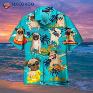 Pug Dogs Surfing In Hawaiian Shirts On The Beach