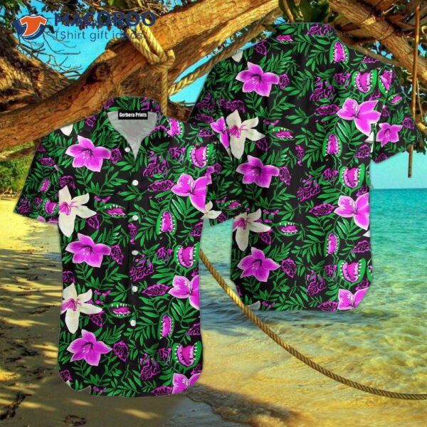Purple Flower, Green Leaves, Tropical Hawaiian Shirts