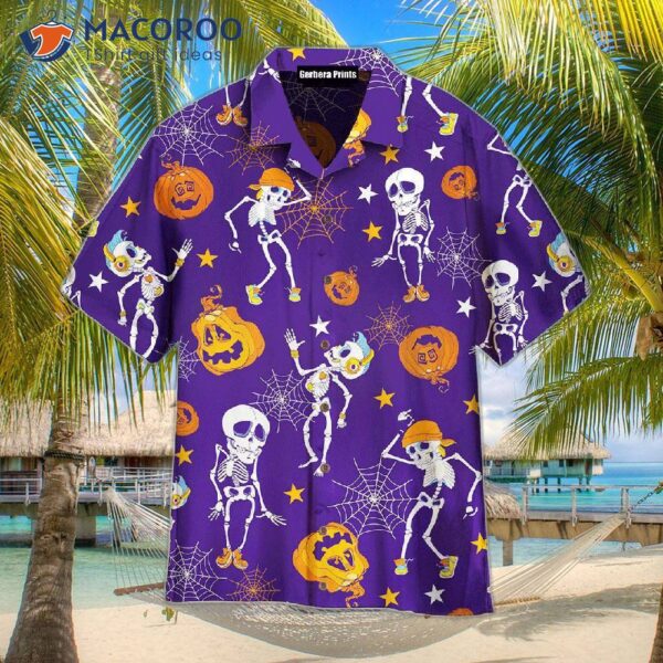 Purple Halloween Skeletons, Pumpkin-dancing Pattern Hawaiian Shirts