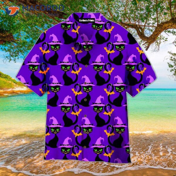 Purple Hawaiian Shirts With A Hallo Cat Witch Hat Pattern