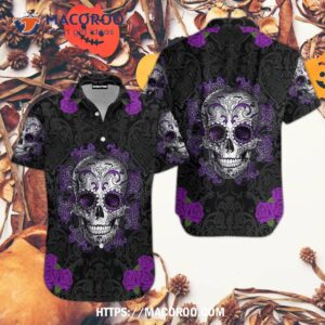 Purple Skull Gothic Pattern Black Hawaiian Shirts, Halloween Gift Ideas