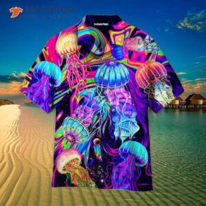 rainbow colored hawaiian shirts with jellyfish patterns 0