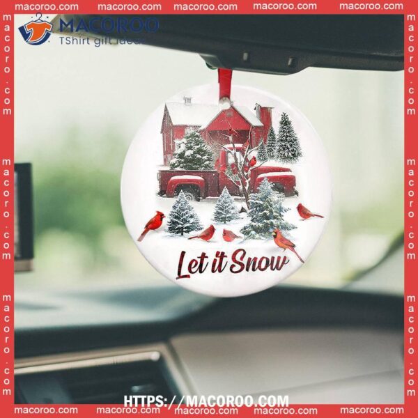 Red Truck Cardinal Let It Snow Circle Ceramic Ornament, Monster Truck Ornament