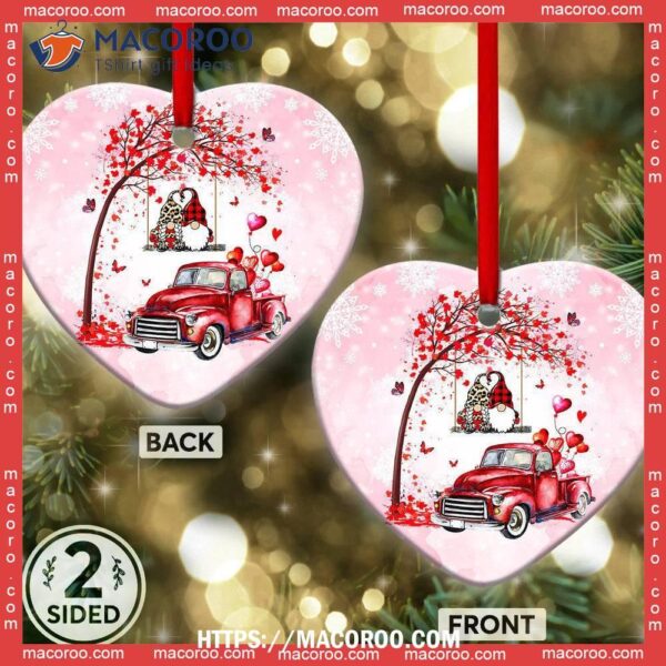 Red Truck Gnome Couple Heart Ceramic Ornament, Red Truck Christmas Decor