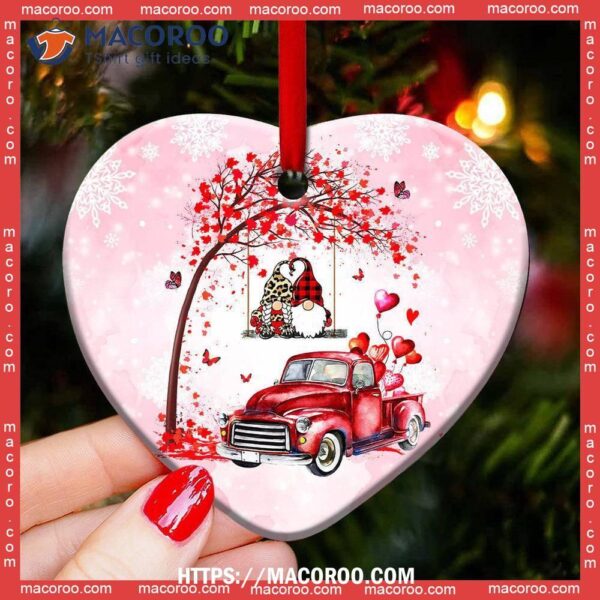 Red Truck Gnome Couple Heart Ceramic Ornament, Red Truck Christmas Decor