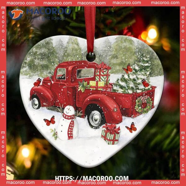 Red Truck Memory Butterfly Christmas Heart Ceramic Ornament, Fire Truck Ornament