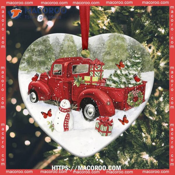 Red Truck Memory Butterfly Christmas Heart Ceramic Ornament, Fire Truck Ornament