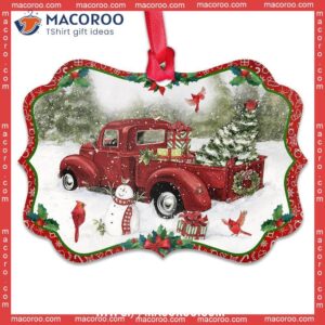 Red Truck Snowman For Christmas Metal Ornament, Truck Ornaments