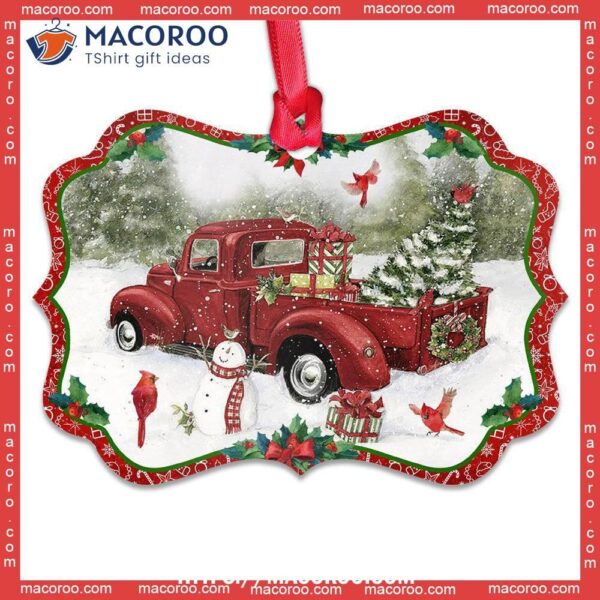 Red Truck Snowman For Christmas Metal Ornament, Truck Ornaments