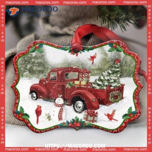 Red Truck Snowman For Christmas Metal Ornament, Truck Ornaments