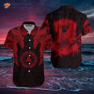 Red Viking Warrior Polynesian Tattoo Pattern Black Hawaiian Shirts