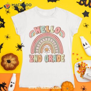Retro First Day Of School Hello 2nd Grade Teacher Rainbow Shirt